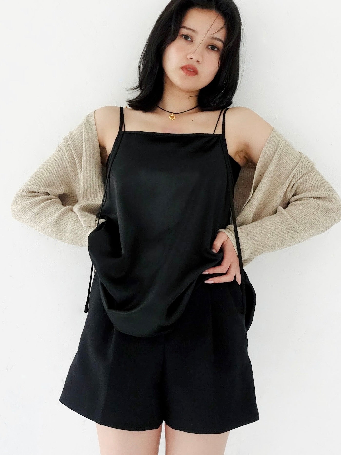Satin Camisole Tops - BLACK