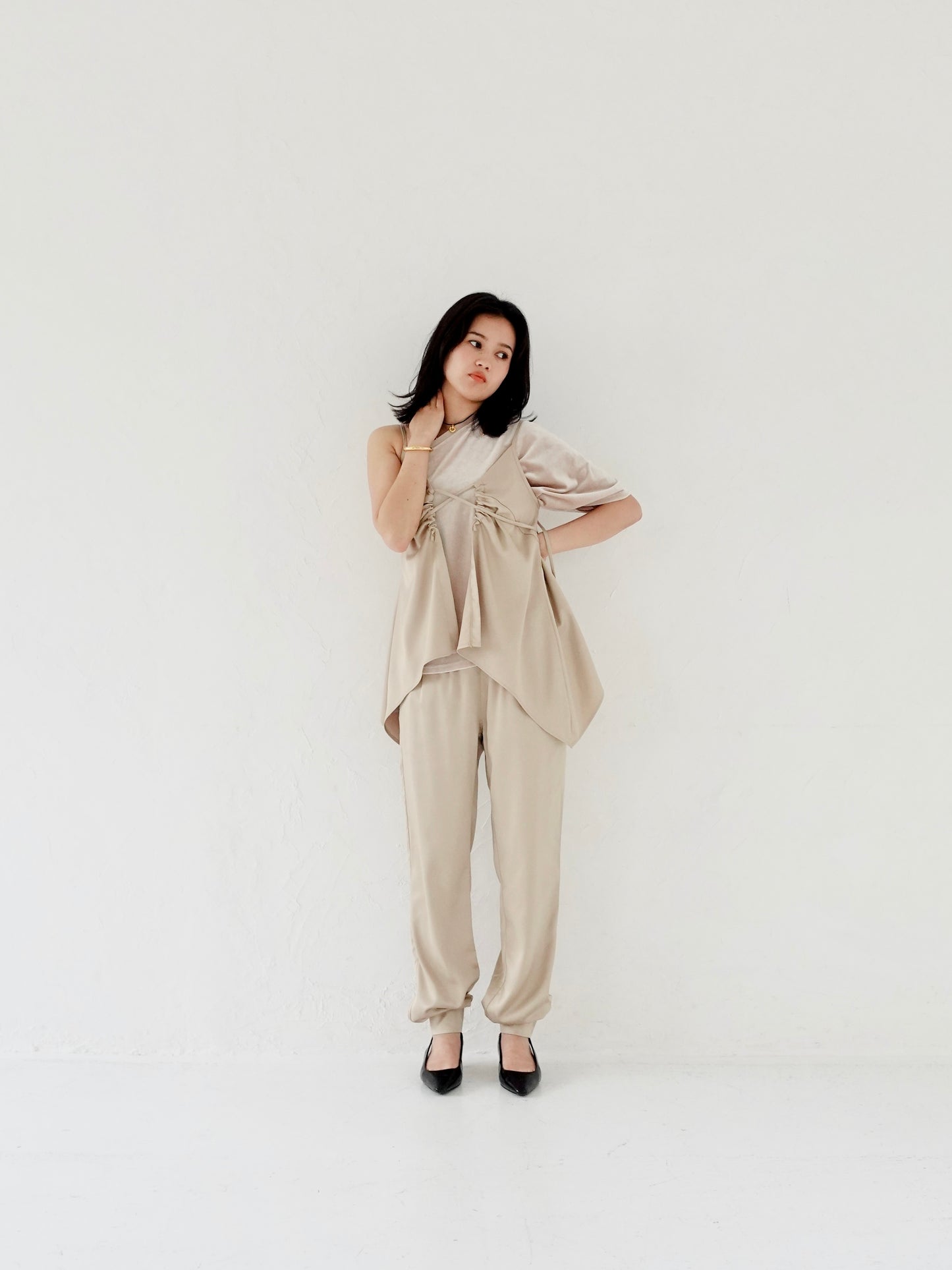 Satin Camisole Tops - BEIGE